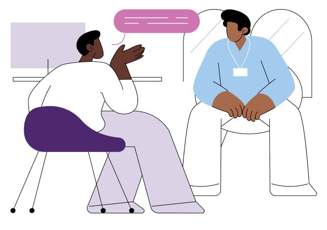 IHOH Community AdobeStock_910226250-colours 2 Illustrated graphic of two individuals sitting and talking<br />