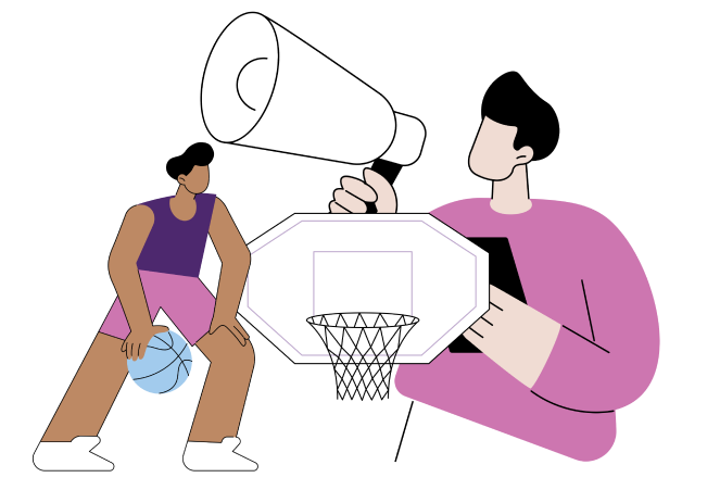 IHOH Construction AdobeStock_767117809-colours 4 Illustrated graphic of basketball player and coach on megaphone